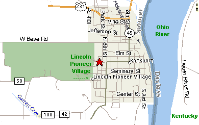 Map to Lincoln Pioneer Village, Rockport, Indiana
