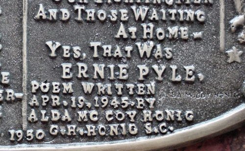Ernie Pyle Plaque Showing Alda and George Honig's Names